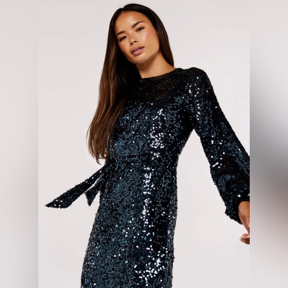 SO ♥️! Apricot Sequin Puff Sleeve Tie Waist Dress - Picture 3 of 6